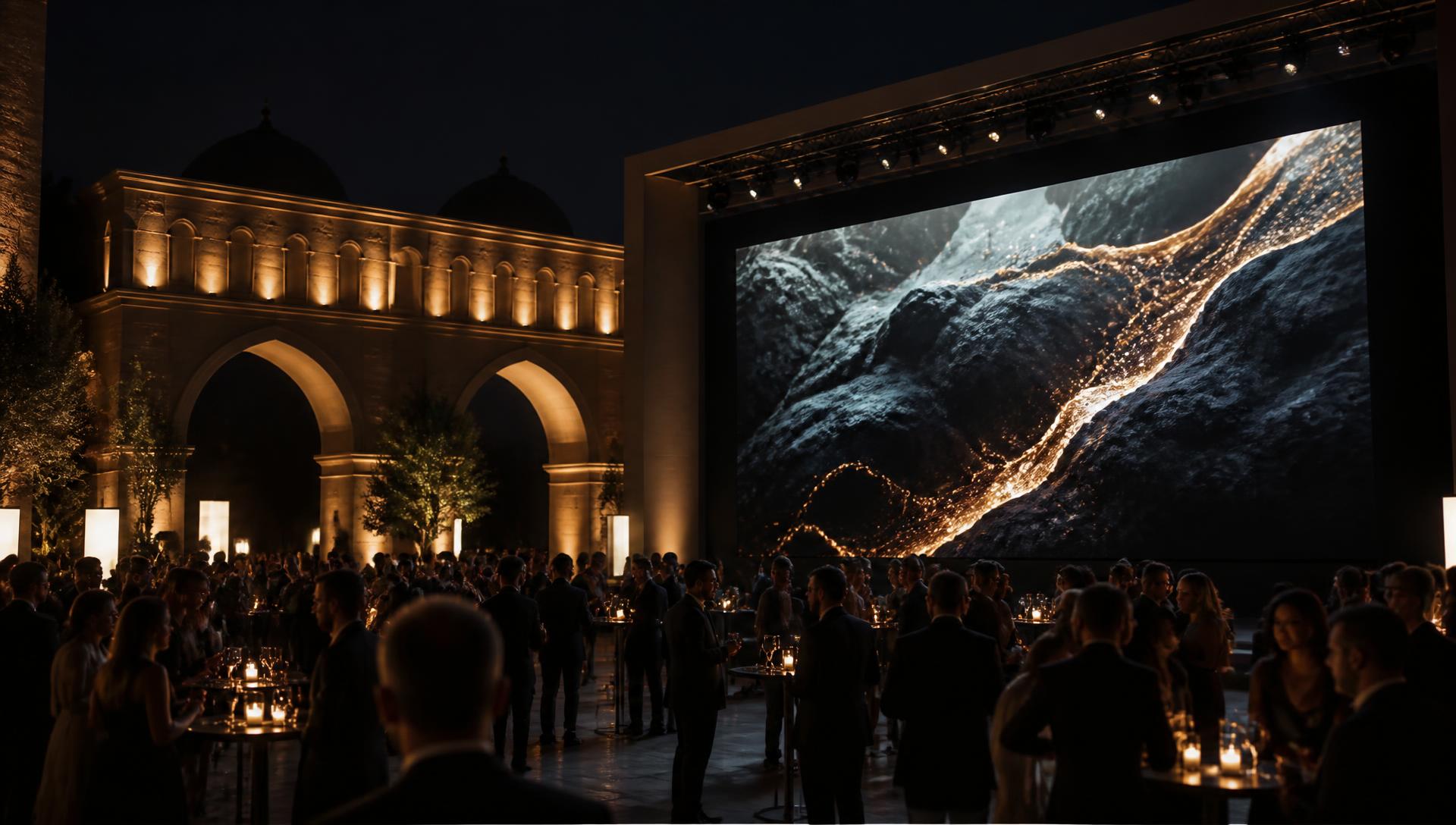 A large LED screen and architectural lighting at an evening event