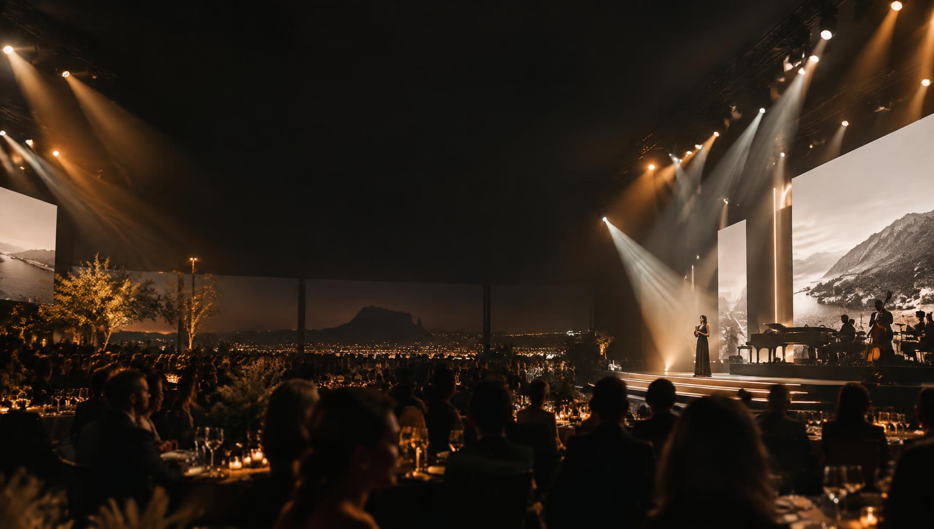 Atmospheric event venue with stage lighting and an LED screen