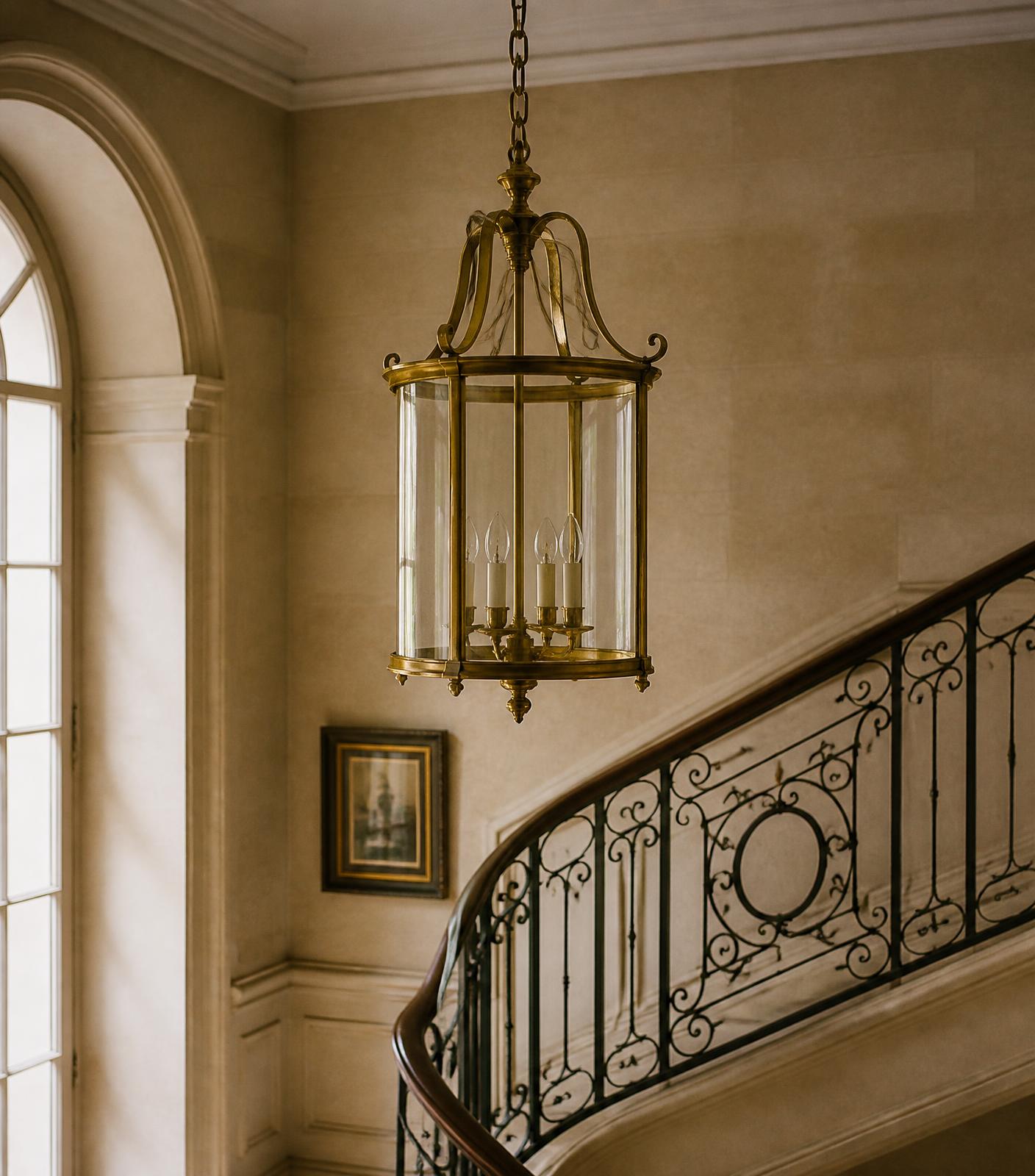 A brass and glass chandelier in an elegant interior