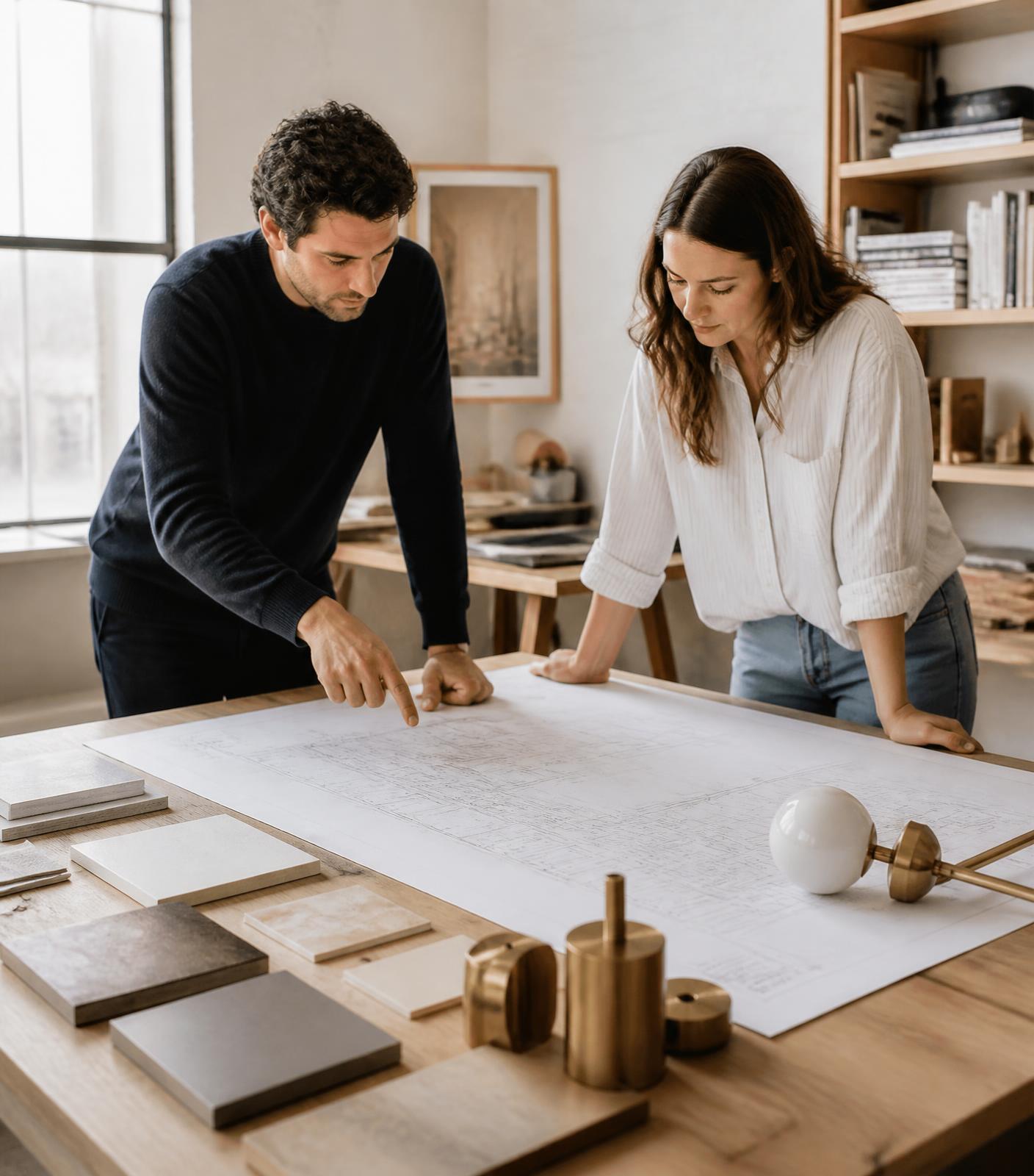 Design professionals reviewing lighting plans