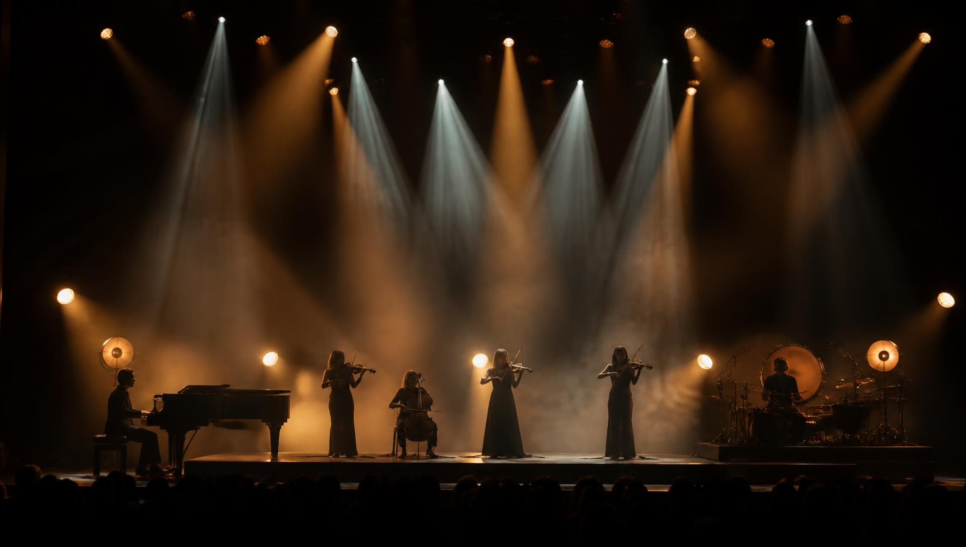 A concert stage lit by moving-head fixtures casting beams through haze
