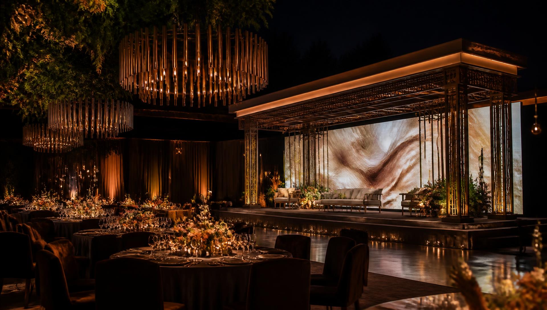 Luxurious wedding reception at night with an illuminated stage, LED screen and elegant suspended lighting