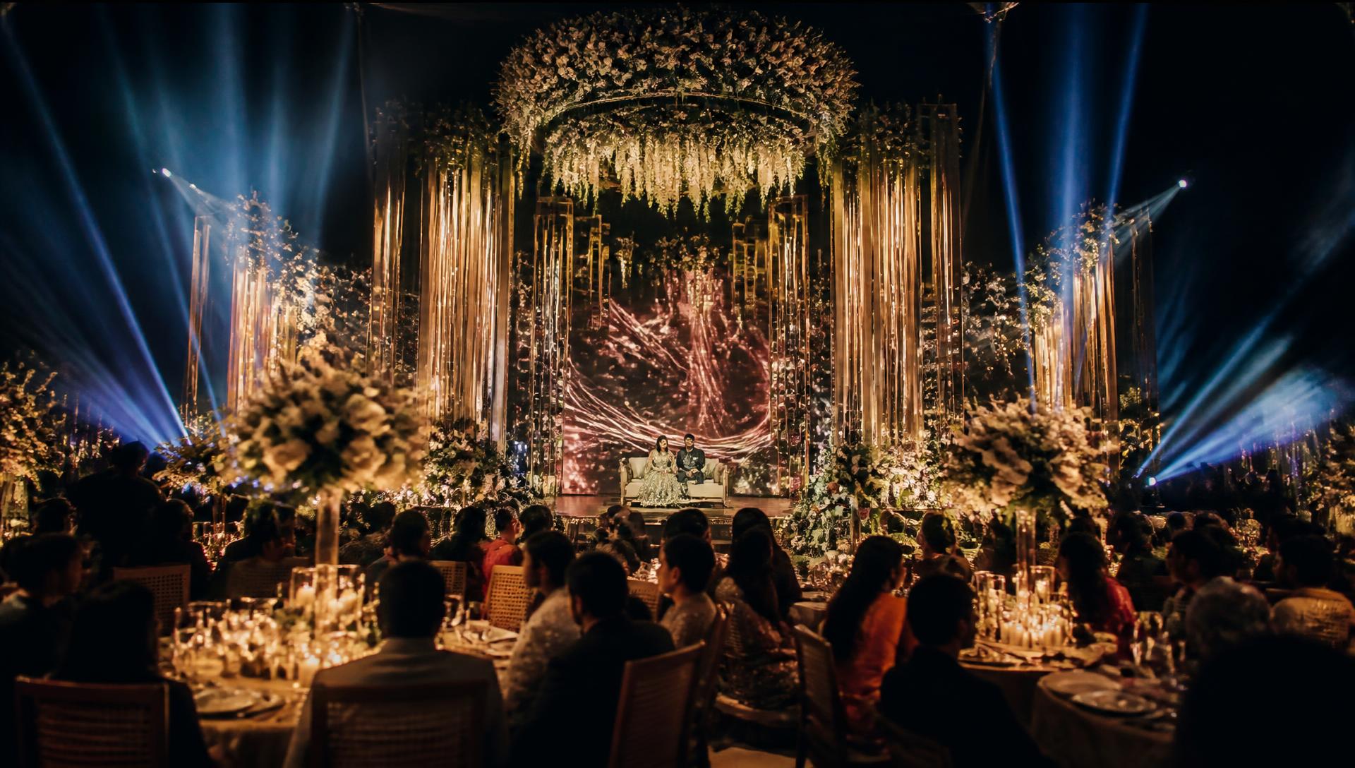 A grand Indian wedding reception with a dramatically lit stage, LED screen and guests seated at candlelit tables